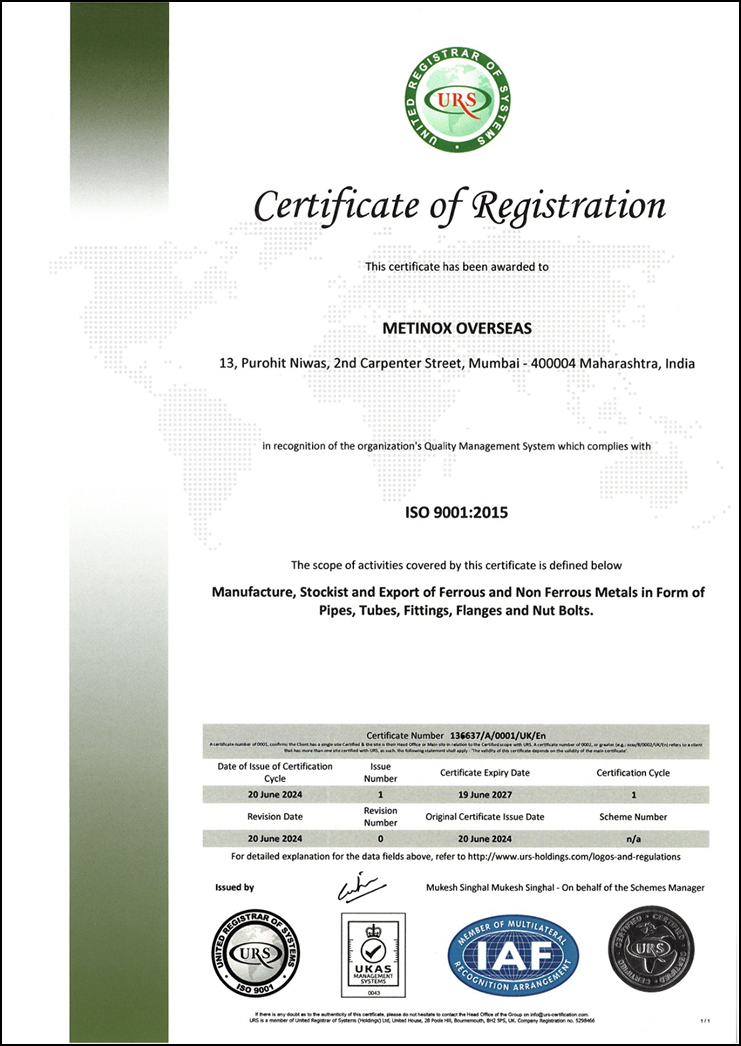 Metinox Overseas Certificate
